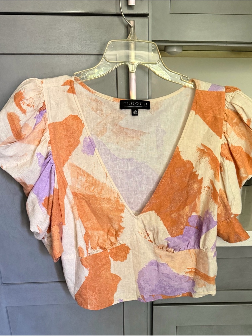 Eloquii Orange & Lavender Abstract V-Neck Puff-Sleeve Crop Top